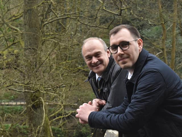 Lib Dem leader Sir Ed Davey with Harrogate's Lib Dem Parliamentary candidate Tom Gordon at Nidd Gorge this week.  (Picture contributed)
