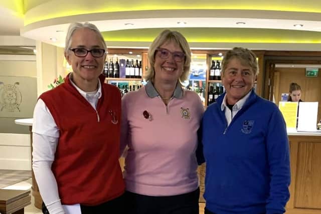 Harrogate District Union's Ladies Winter League second round winners Sally Hunt and Rachel Holden from Bedale GC are congratulated by Pannal GC ladies vice captain, Clare Davies, centre.