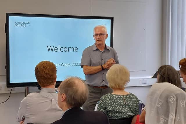 A member of Harrogate District of Sanctuary giving a talk on helping refugees at Harrogate College which became the first in North Yorkshire to achieve College of Sanctuary status.