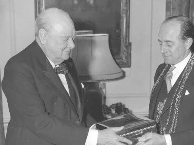 Flashback to 1944 - Britain's most famous war leader Winston Churchill receives a special cigar box from Ogden Jewellers of Harrogate. (Picture contributed)