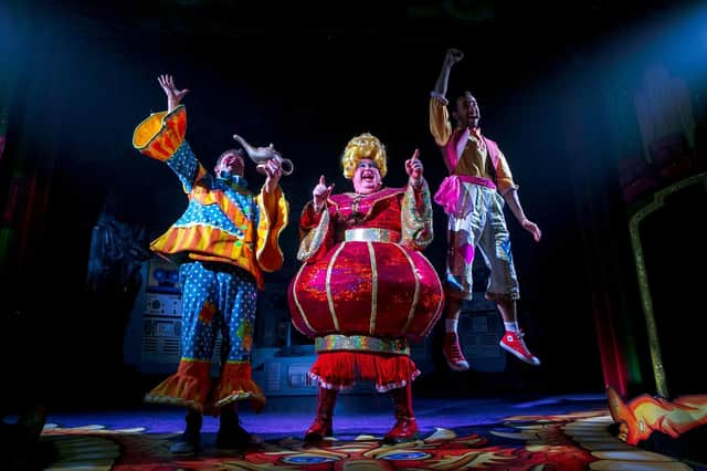 Harrogate Theatre's Aladdin panto is a huge hit - Tim Stedman as Wishee Washee, Howard Chadwick as the Dame, Widow Twankey and Colin Kiyani as Aladdin. (Picture Karl Andre Photography)