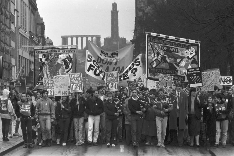 Pipers lead students on an NUS demonstration (one of the largest n Edinburgh at that time) protesting against the Conservative government's plans to change the grant scheme and introduce student loans in March 1987.