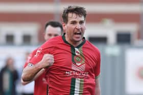 Experienced centre-half Mike Morris broke the deadlock as Harrogate Railway beat Selby Town 3-0 at Station View. Picture: Gerard Binks