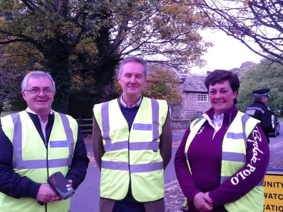 Pannal Community Speed Watch group - From left,  Howard West (with glasses), Mark Siddall (Group Lead) and Cathy Burrell.