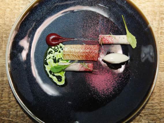 From Murray Wilson's tasting menu at Horto - Eel with beetroot, charcoal and fennel seed.(1611225AM1)