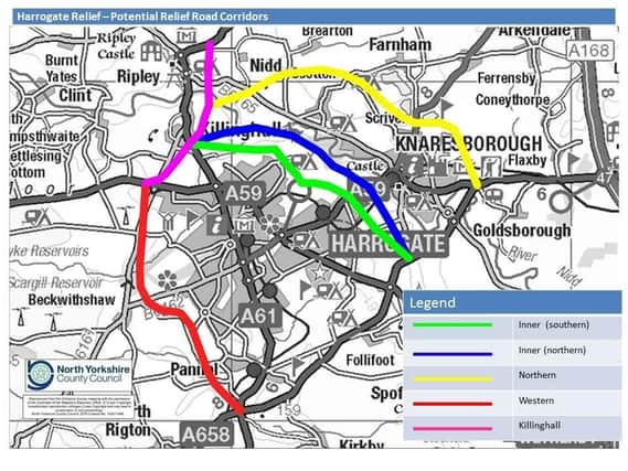 Map of potential Harrogate Relief Road routes