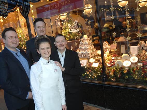 Bettys of Harrogate staff members Sarah Slater, Robyn Cox, Michael Dickinson and Eliza Mellor with their winning shop window display.