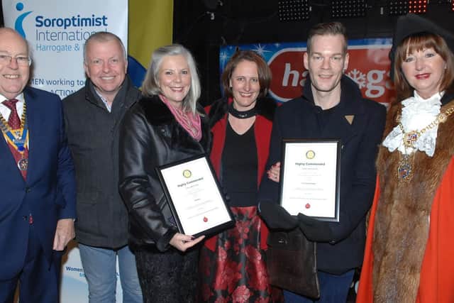 The President of The Rotary Club of Harrogate Graham Saunders and The Mayor of Harrogate Coun Anne Jones presented  Peter and Kate Jesper of Jespers and Eleanor Goddard and Adam Hickinbottom  of Furnish and Fettle with their Medium Shop Highly Commended Awards. (1711162AM14).