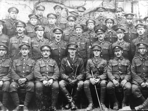 Harrogate men and boys in B Company of the 1/5 West Yorkshire Regiment in March 1917 (after the Battle of the Somme). 
Captain Barnitt Bland is front centre
Picture: John Sheehan