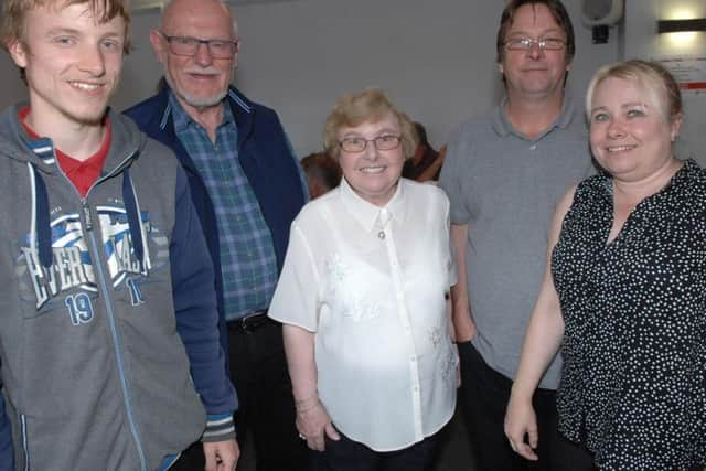 Adam Tennant Memorial Trophy Day at Harrogate Town FC - Bradley Baldwin, Brendan Foody, Ann Kilroy, Alan Baldwin and Angela Baldwin.  (1806093AM3)