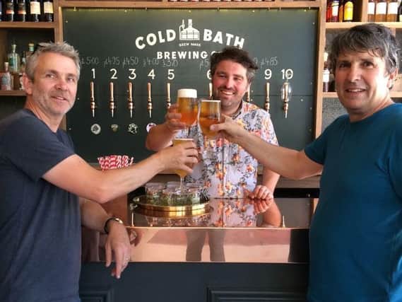 L-R: Jim Mossman, Mick Wren and Roger Moxham on the day of Cold Bath Brewery Co. opening.