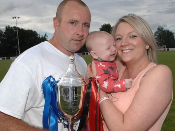 Darren and Katie Clifford with baby Oscar at a previous Sadie Rose charity football match in Knaresborough
