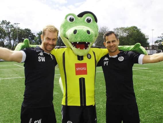 Harrogate Town manager Simon Weaver and assistant manager Paul Thirlwell with new mascot Harry Gator (1807314AM4).