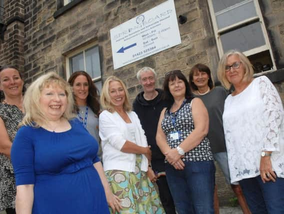 Launching the 50,000 fundraising campaign for Springboard. Pictured are: Helen Shay (trustee)  Liz Hancock (CEO), Alison Hobden (support worker) Pippa French (trustee), Derek Allen (volunteer), Linda Fulcher (support worker), Marian Farrar (trustee), and Yvonne Benstead (volunteer). (1808061AM1).