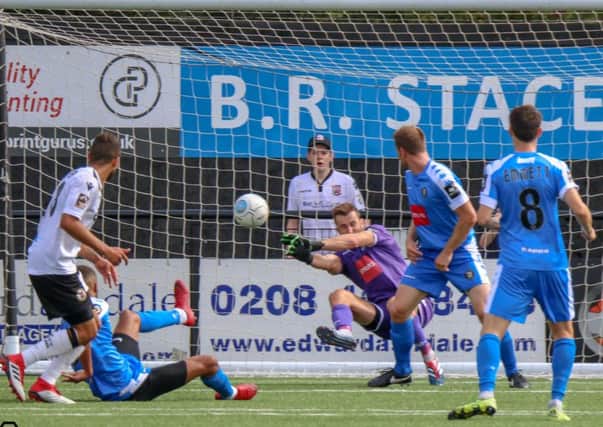 Harrogate Town number one James Belshaw in action during Saturday's 1-1 draw at Bromley. Picture: Matt Kirkham