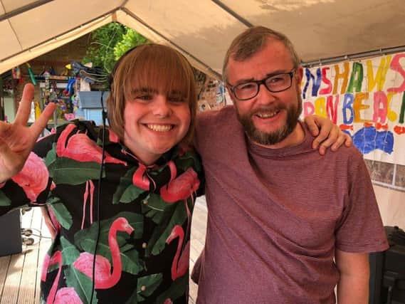 Knaresborough DJ Rory Hoy, left, with the Harrogate Advertiser's Graham Chalmers 
at Henshaws Arts & Craft Centre during feva festival.