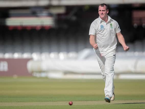 Sessay's Stuart Peirse took a trio of wickets to help bowl out Harrogate. Picture: Caught Light Photography