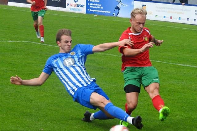 Railway's Danny Blacker looks to whip in a cross during Saturday's home reverse at the hands of Staveley Miners Welfare. Picture: Dave Bolam