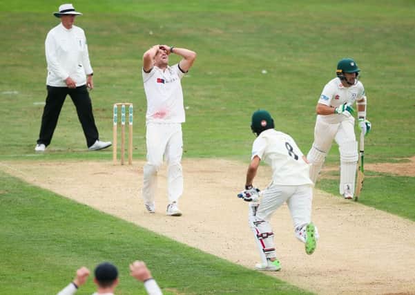 FRUSTRATION: Yorkshire's David Willey shows his disappointment as Worcestershire pile on the runs at Scarborough. Picture by Alex Whitehead/SWpix.com