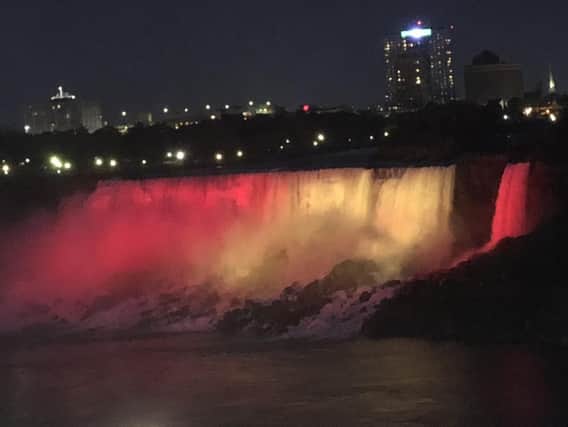 The world-famous Niagra Falls illuminated in the colours of Harrogates Tewit Youth Band.