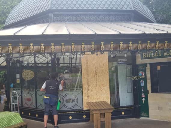The boarded-up window at Magnesia Well Cafe in Harrogate's Valley Gardens this week.