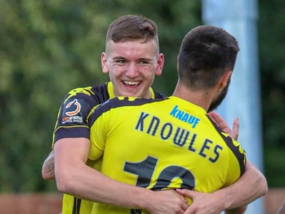 Liam Kitching is congratulated after opening the scoring against Solihull Moors. Picture: Matt Kirkham