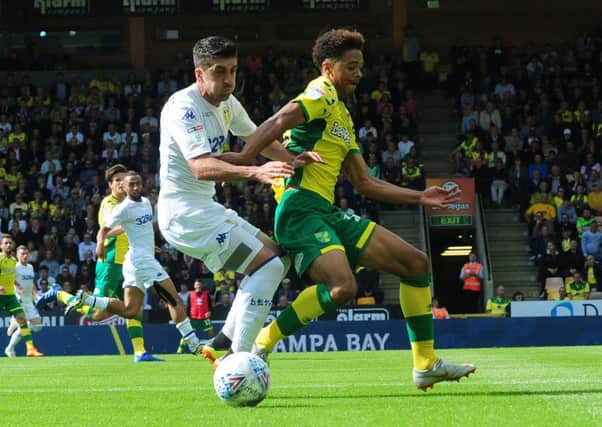Norwich City v Leeds United. Pablo Hernandez is challenged by Jamal Lewis. Picture: Simon Hulme
