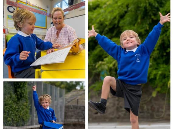 All smiles: Seth Willoughby-Kitching on his first day of school at Masham CE Primary School.