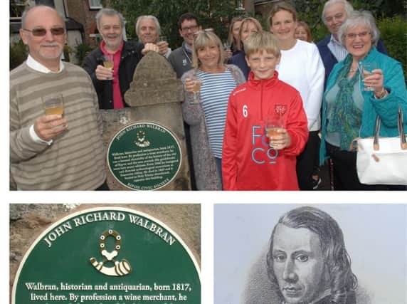Richard Taylor and David Winpenny of Ripon Civic Society with guests at the unveiling of the John Walbran plaque. (1809152AM3). Below left: the commemorative plaque, and below right, John Richard Walbran.