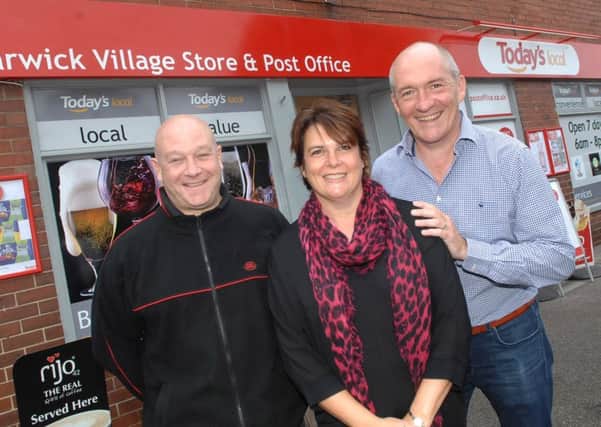 NAWN 1809171AM1 Barwick in Elmet store.  Chris Bolton, Wendy Ward and Tim Ward of Barwick Village Store and Post Office,  (1809171AM1)