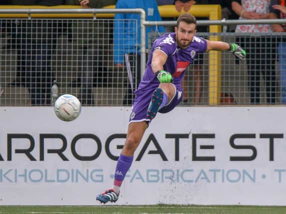 Harrogate Town goalkeeper James Belshaw made a number of important saves in Tuesday's clash with Wrexham. Picture: Matt Kirkham