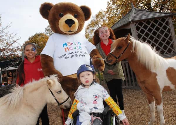 NAWN 1810066AM8 Martin House Open Day.  Marty Bear with Zara Chambers(10), Matilda Holt(10), Chloe Everest(6) and american miniature horses Cartier and Blondie. (1810066AM8)
