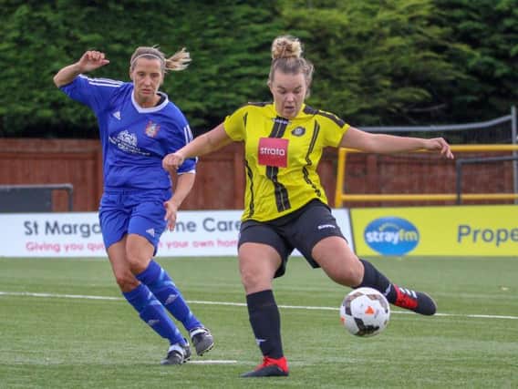 Sophie Tinson fires in one of her three goals during Sunday's win over Farsley Celtic Ladies. Picture: Matt Kirkham