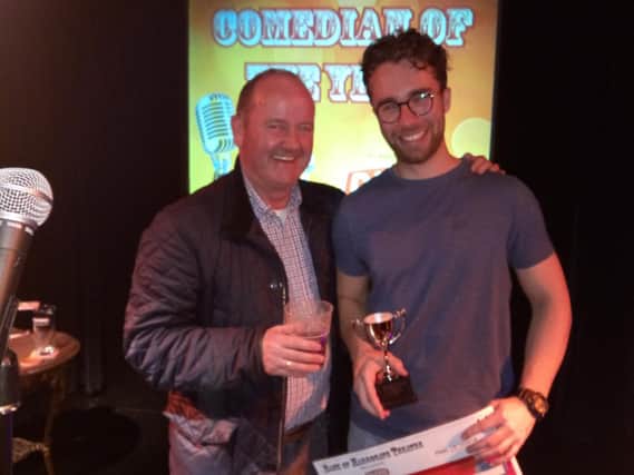 Harrogate Comedy Festivals winning Comedian of the Year Charlie Hopkinson, right, with Vincent Staunton of sponsors, Daleside Brewery.