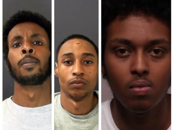 Jailed: Mohamed Abdi, left, Julian Soares, centre and Adirahman Shire, right.