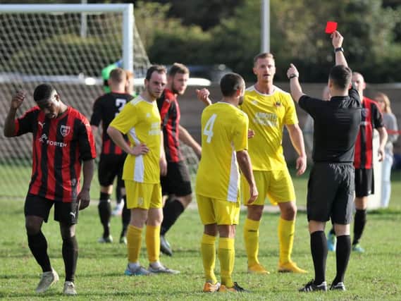 Nick Black was controversially sent off at Maltby Main, but Knaresborough Town still managed to hold out for victory. Picture: Craig Dinsdale