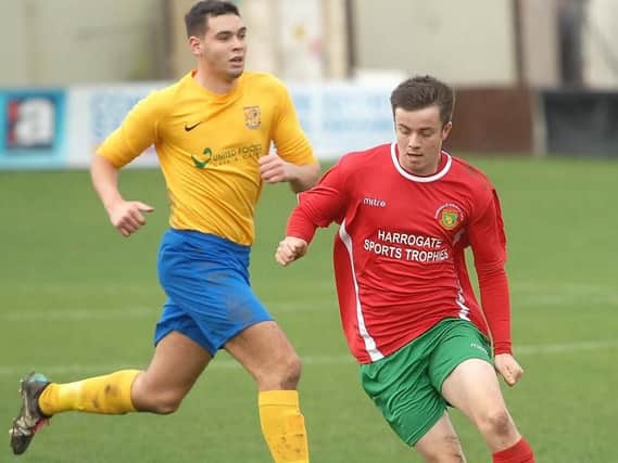 Sean Hunter's eighth goal of the campaign saw Harrogate Railway take an early lead against Thackley. Picture: Adrian Murray