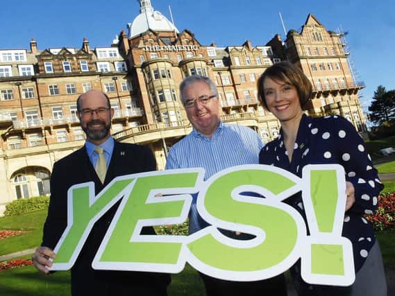 Voting 'Yes' in Harrogate BID ballot - General manager of The Majestic Hotel Matthew Hole, John Fox and Hazel Barry MD of H2k. (1810234AM1)