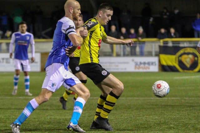 Liam Kitching in action for Harrogate Town against Barrow. Picture: Matt Kirkham
