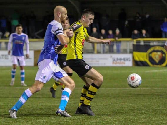 Liam Kitching in action for Harrogate Town against Barrow. Picture: Matt Kirkham