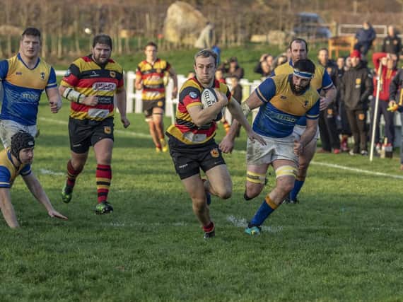 Andrew Lawson on the run during Harrogate RUFC's North Premier clash with Alnwick. Picture: Keith Hunt