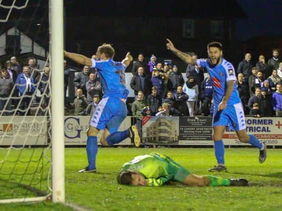 Kelvin Langmead wheels away in celebration after netting Harrogate Town's late winner at Maidenhead. Pictures: Matt Kirkham