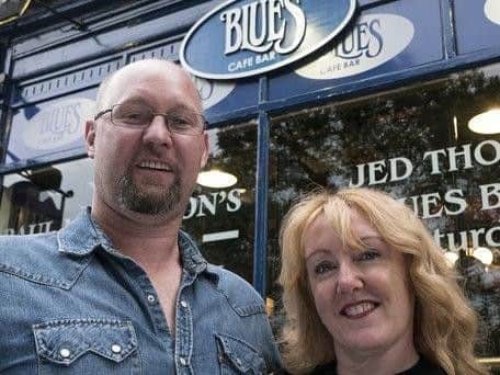 One of the best bars in Britain - Simon and Sharon Colgan outside the Blues Bar in Harrogate.