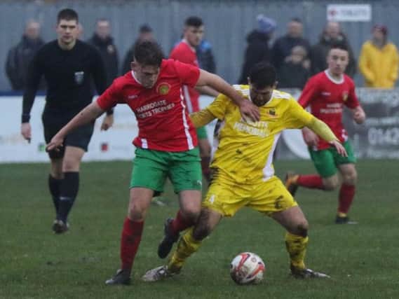 Action from Saturday's derby showdown between Harrogate Railway and Knaresborough Town. Picture: Craig Dinsdale