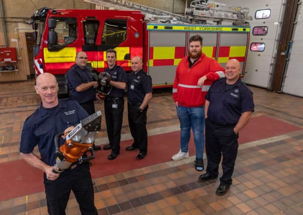 Date:3rd December 2018.
Picture James Hardisty.
Delivery driver Tom Dulson, 24, from Bolton, meet the Blue Watch, firefighters from Garforth Fire Station, who rescued him from a horror crash a year ago on the A1M near Leeds when he suffered injuries including two broken legs. Pictured Tom Dulson, with firefighters (left to right) Steve Bartle, Wayne Moore, Ryan Simpson, Watch Commander Phill Norman Swallow, and Simon Littlewood.