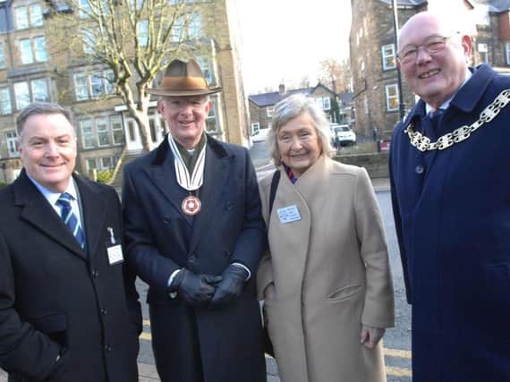 Historic gates restored in Harrogate - Retiring chairman of the Friends of the Valley Gardens Jane Blayney with president of the Friends of the Valley Gardens, Martin Fish; Deputy Lord Lieutenant the Rev Brian Huntand chairman of North Yorkshire County Council Robert Windass. (1811262AM2)