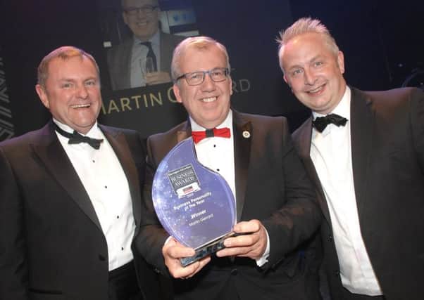 Business Personality of The Year Martin Gerrard (centre) with Sir Gary Verity, chief executive of Welcome to Yorkshire, and Matthew Stamford of main sponsor Verity Frearson. (1804192AM10)