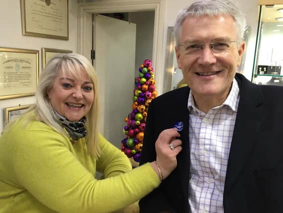 Backing local shops - Harrogate and Knaresborough MP  Andrew Jones with Sue Kramer who runs Crown Jewellers on Commercial Street in Harrogate.