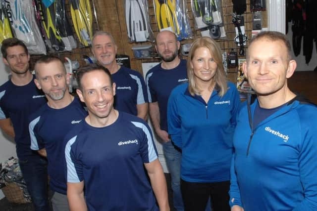 New Harrogate shop - Tim Yarrow, right, his wife Cathy and his  local team at Diveshack UK. (1812011AM1)