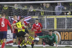 Liam Kitching nets Harrogate Town's second-half winner against York City. Picture: Matt Kirkham